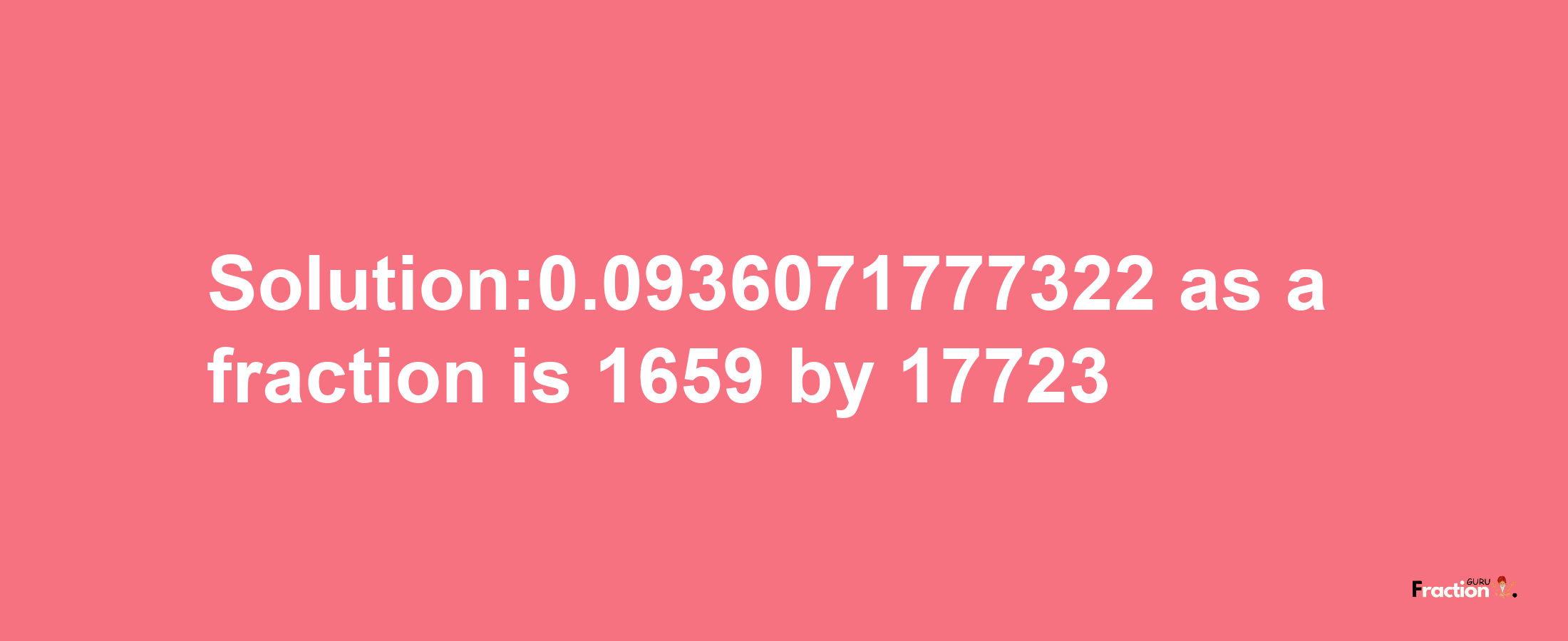 Solution:0.0936071777322 as a fraction is 1659/17723