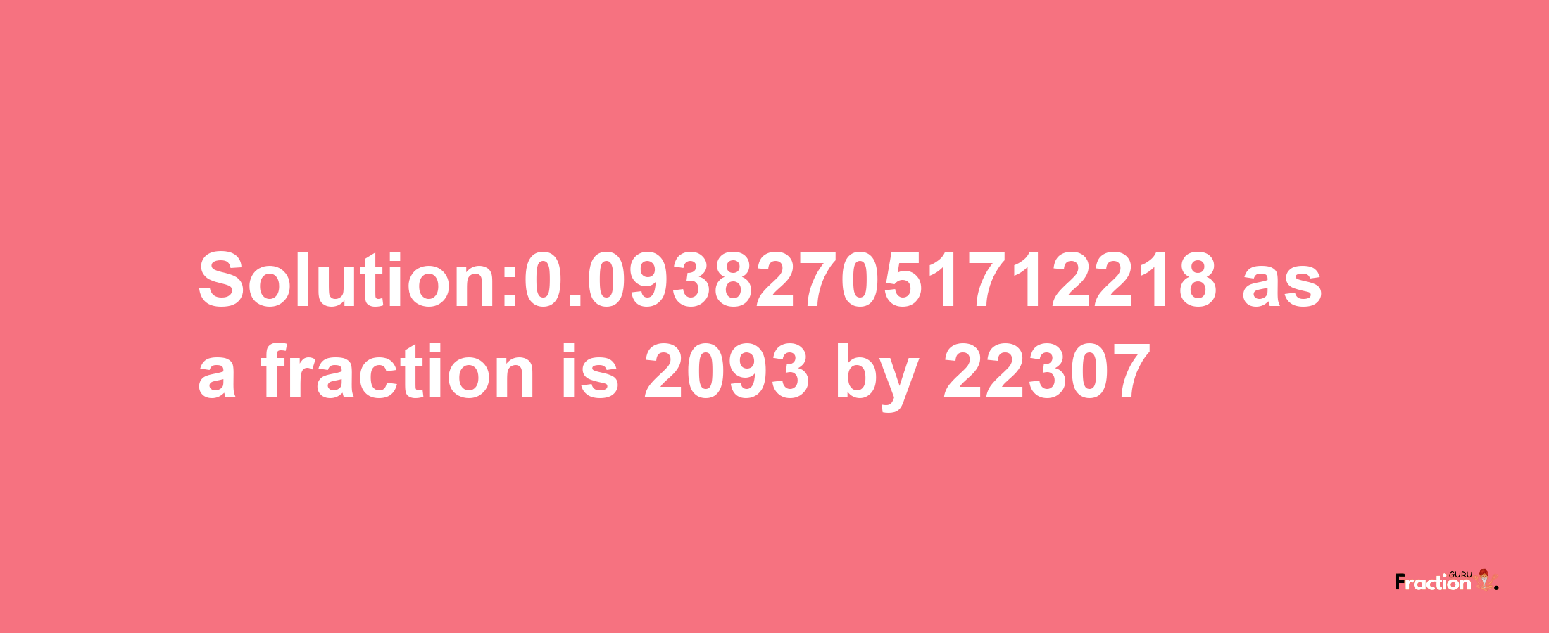 Solution:0.093827051712218 as a fraction is 2093/22307