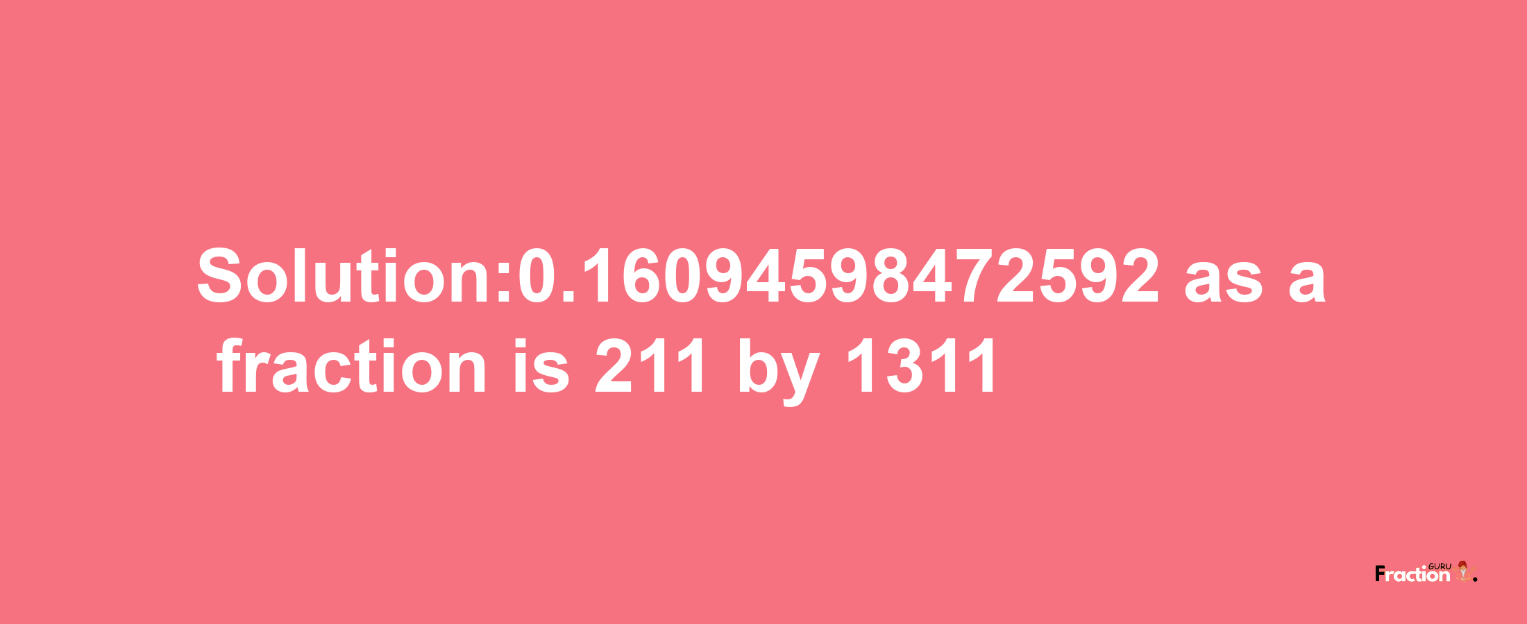 Solution:0.16094598472592 as a fraction is 211/1311