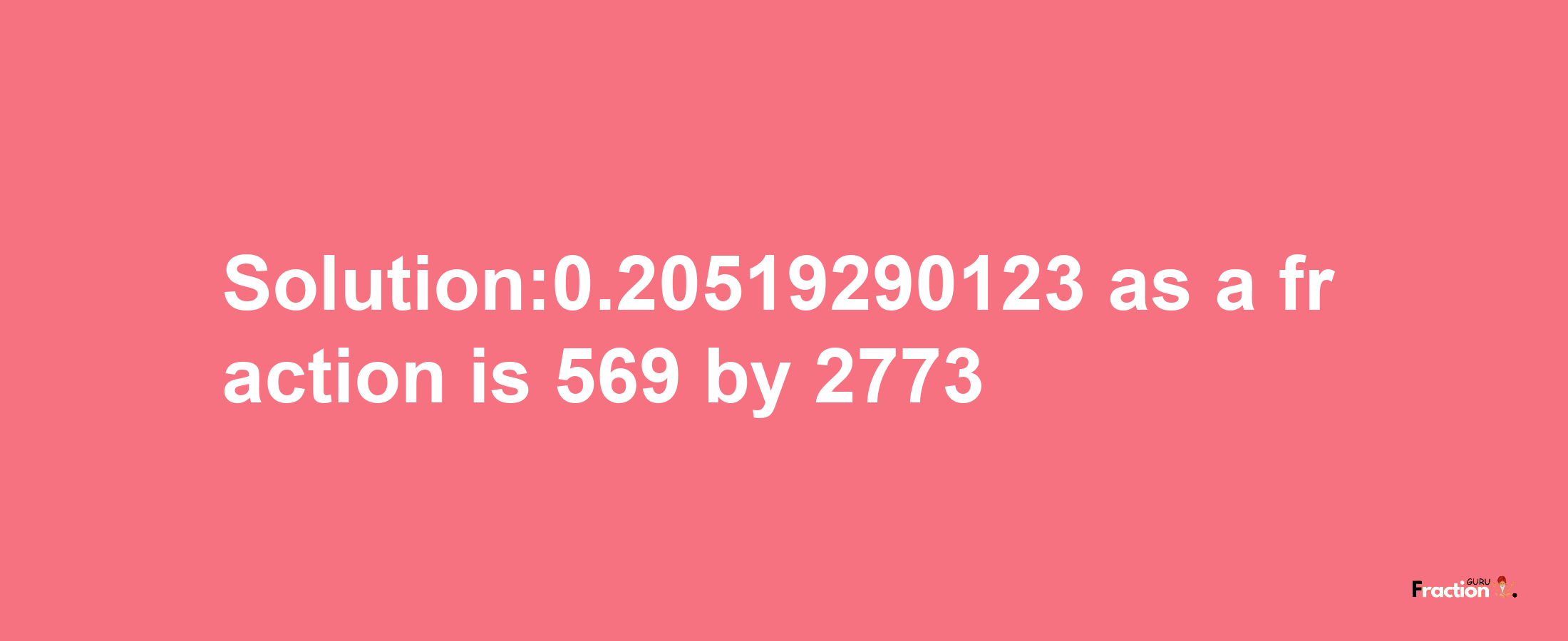 Solution:0.20519290123 as a fraction is 569/2773