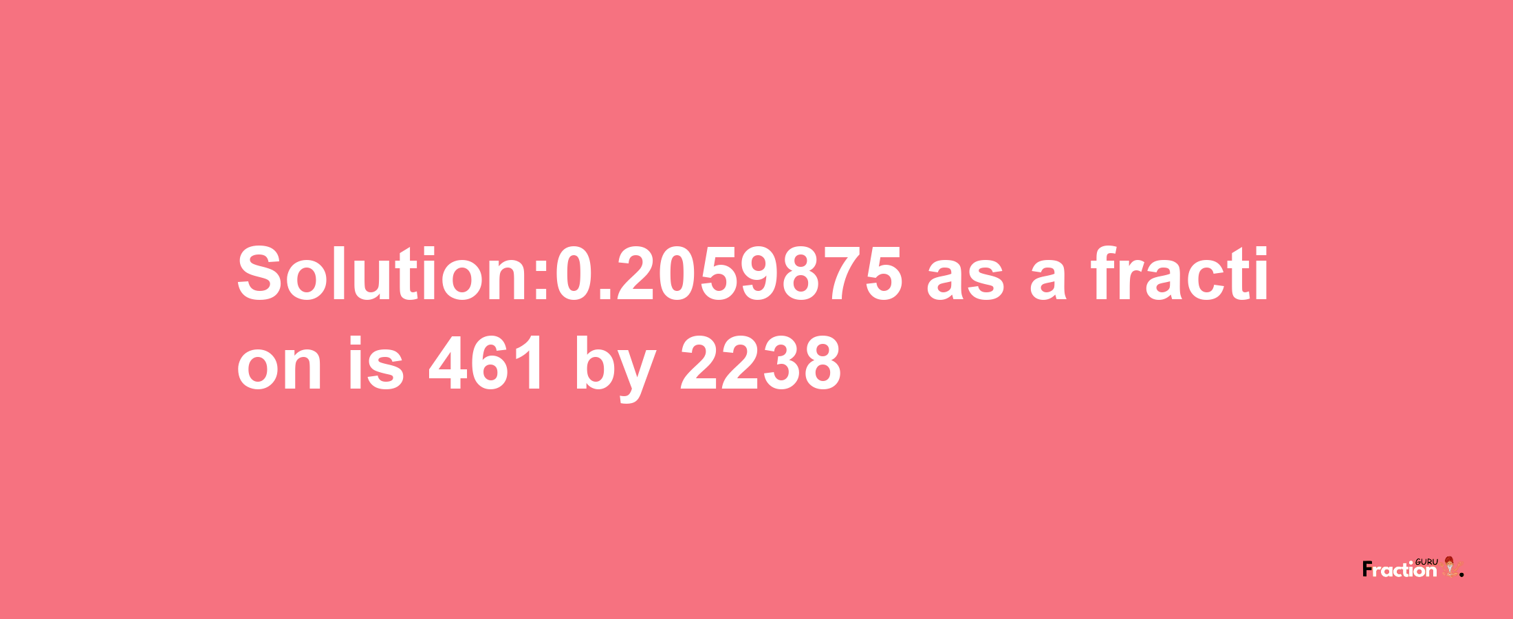 Solution:0.2059875 as a fraction is 461/2238