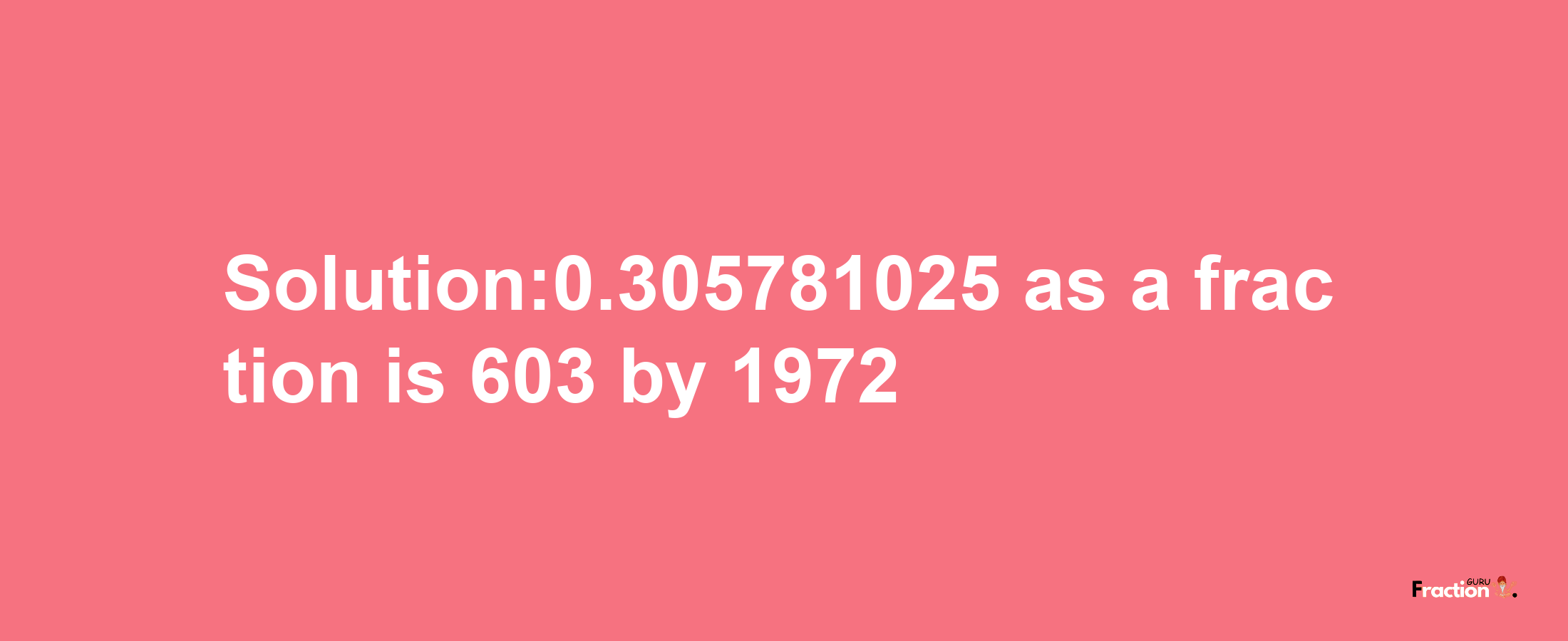 Solution:0.305781025 as a fraction is 603/1972