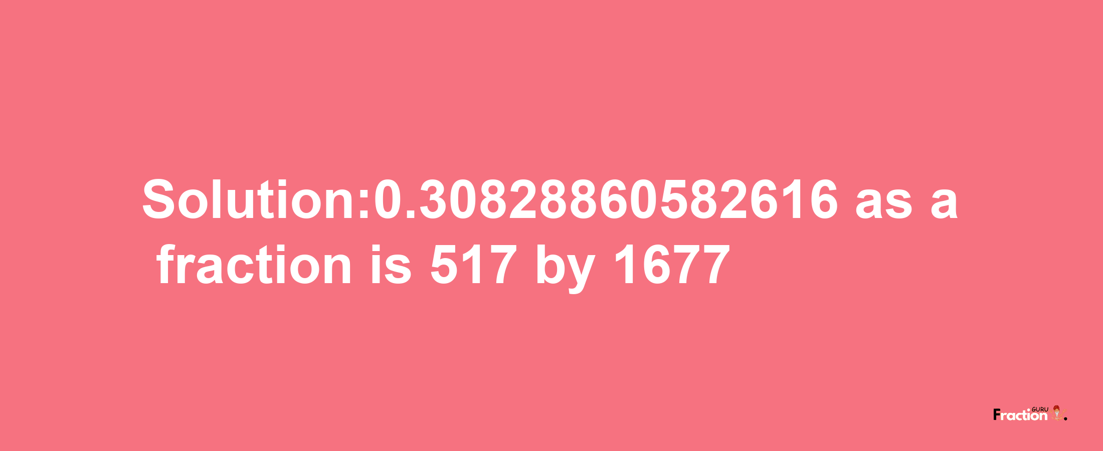 Solution:0.30828860582616 as a fraction is 517/1677