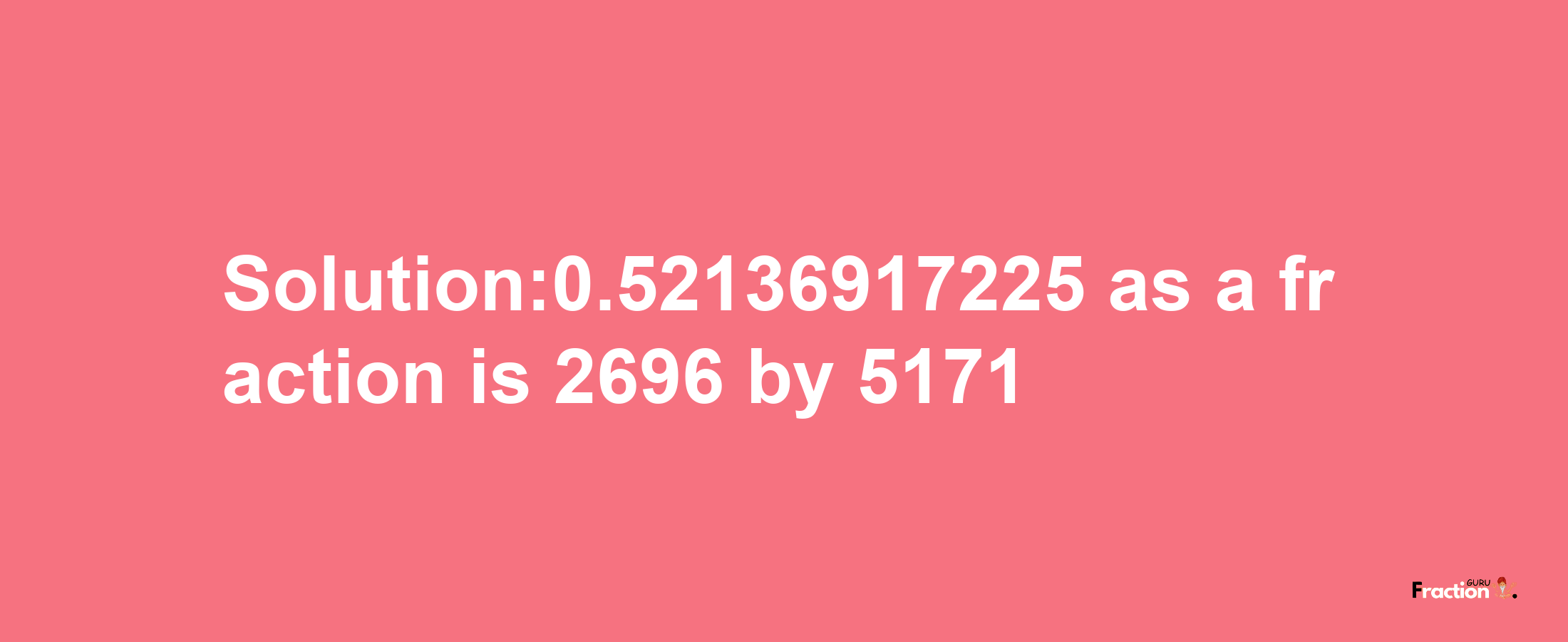 Solution:0.52136917225 as a fraction is 2696/5171